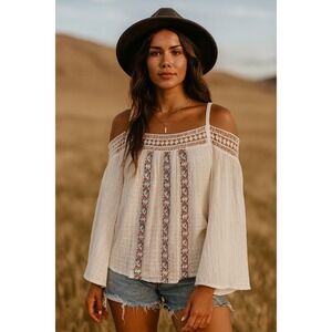 NEW Mystree Medium Blouse Top Off Shoulder Straps Boho Eyelet Lace Embroidered